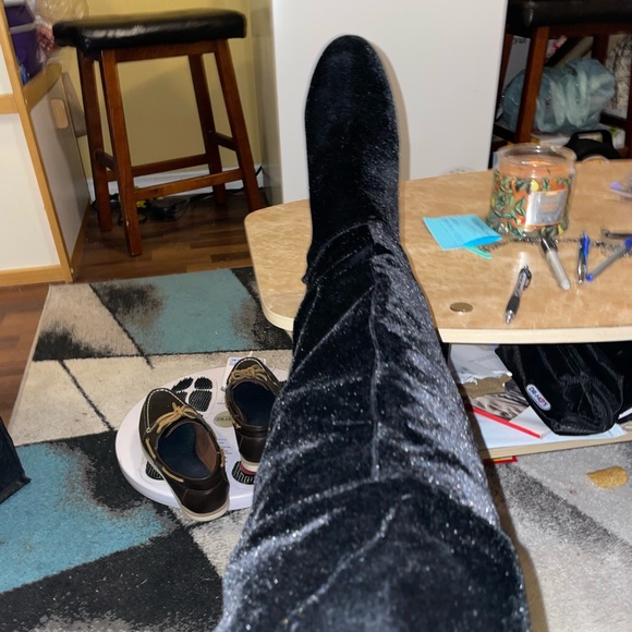 Black Faux Suede over the knee block heel boots - Picture 6 of 9